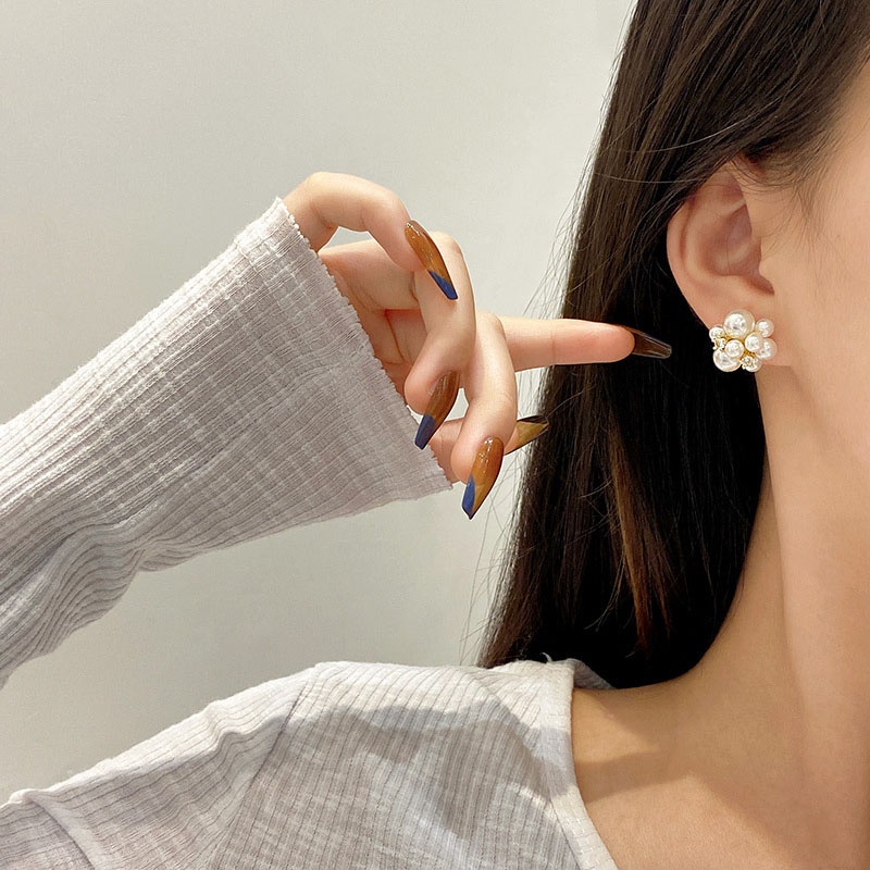 Shuling Siêu Ngọt Retro Ngọc Trai Bông Tai Hoa Nữ S925 Bạc Kim Bông Tai Thời Trang