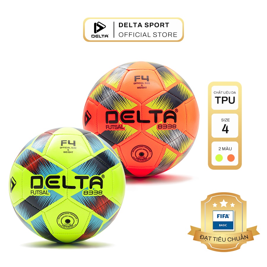 Bóng đá futsal DELTA 4M size 4 da TPU tổng hợp, chơi trên sân cỏ nhân tạo hoặc trong nhà phù hợp từ 12 tuổi.