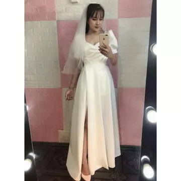(miễn phí chỉnh váy) Dạ hội cưới phi trắng tay phồng xẻ tà, váy trắng chụp ảnh cưới, dạ hội trắng đi tiệc sang trọng