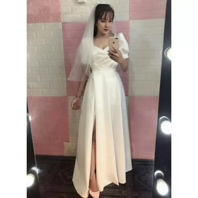 (miễn phí chỉnh váy) Dạ hội cưới phi trắng tay phồng xẻ tà, váy trắng chụp ảnh cưới, dạ hội trắng đi tiệc sang trọng
