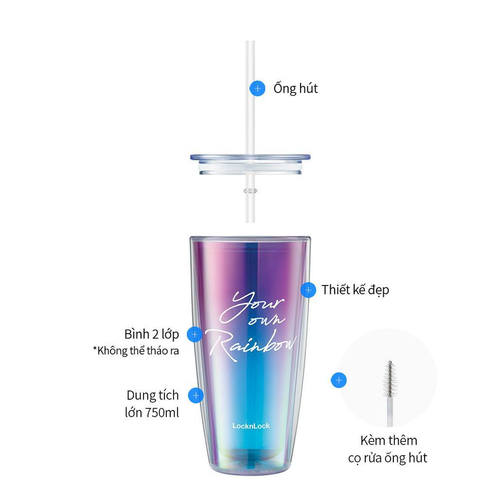 Ly nhựa 2 lớp LocknLock Rainbow double wall cold cup HAP507 Màu Tím , kèm ống hút và cọ rửa - K-MALL