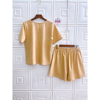 Set bộ Linen Áo cổ tròn nút gài  và short Hàng Thiết kế cao cấp nhà June