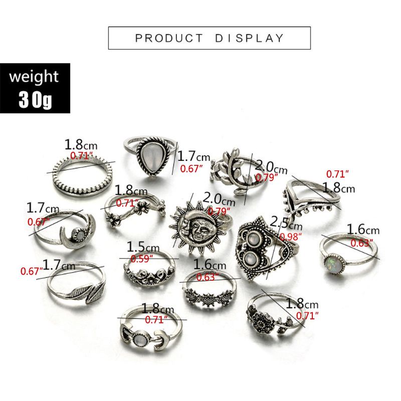 Vic Fashion Moon Star Leaf Flower Rings Bộ 14 chiếc thông thường