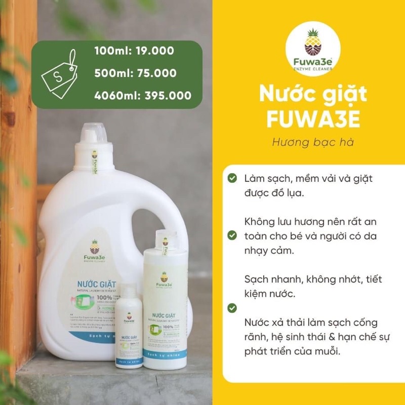 Nước giặt Fuwa3e hữu cơ ENZYME 100% organic từ Enzyme sinh học 4L, 1L an toàn cho bé, giặt đồ lót