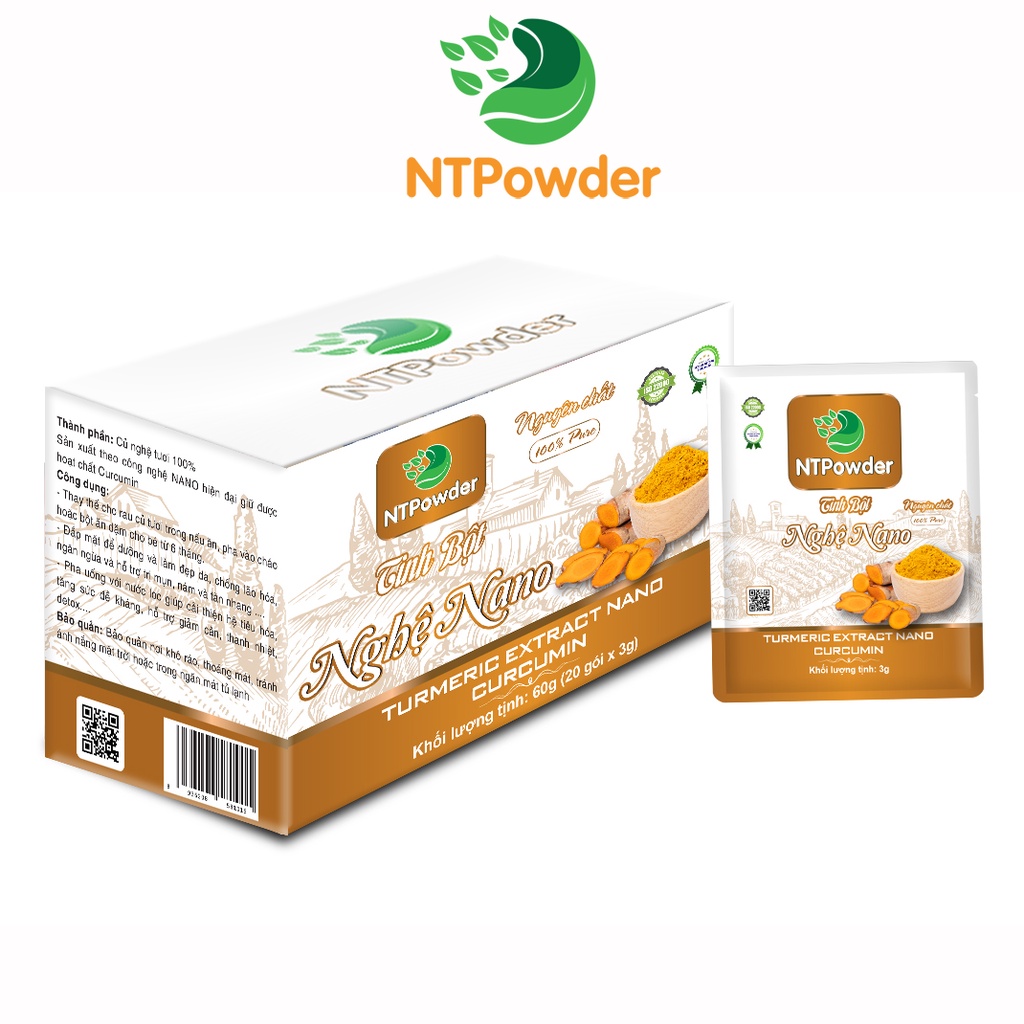 [Hộp 20 gói x 3g] Tinh Bột Nghệ Nano Curcumin sấy lạnh nguyên chất NTPowder 60g - Nhất Tín Food
