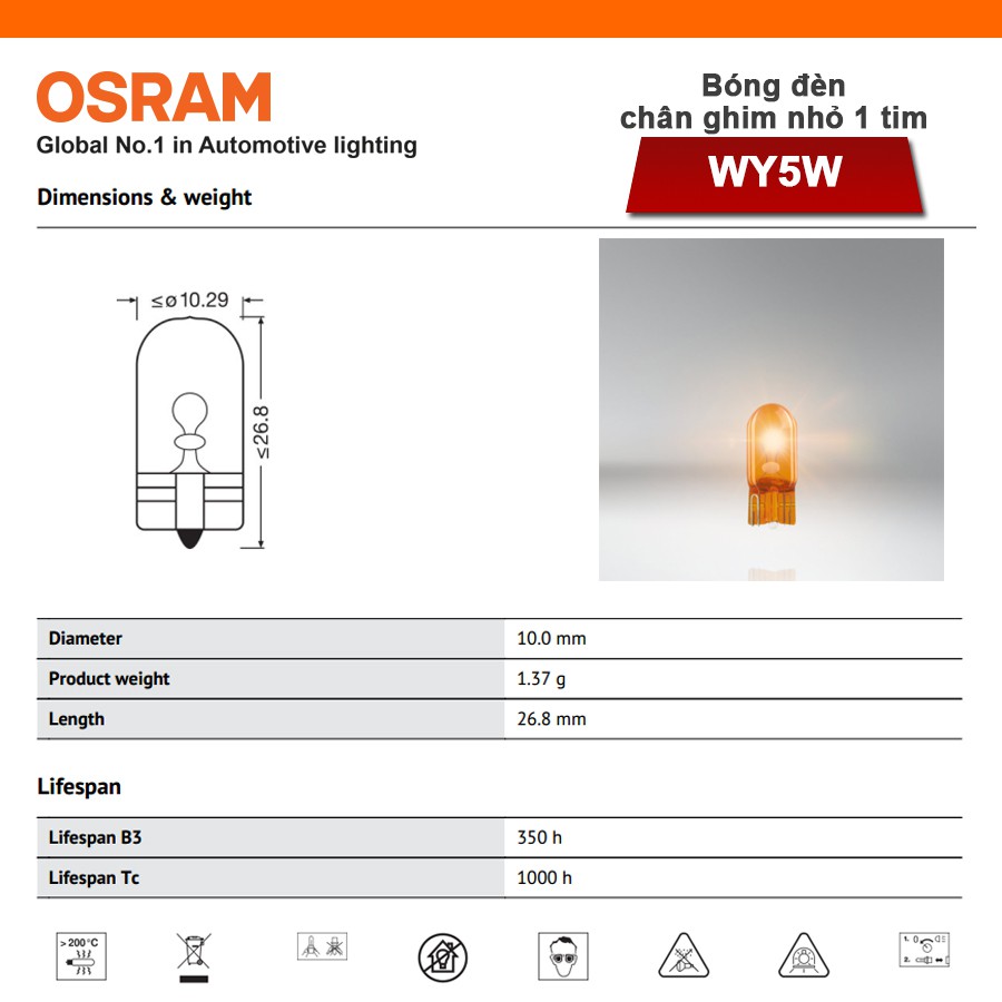Combo 2 Bóng Đèn Chân Ghim Nhỏ 1 Tim OSRAM Original T10 WY5W 12V 5W Màu Vàng