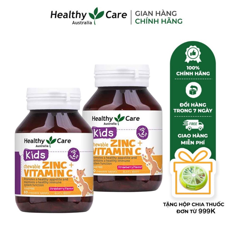 Combo 2 hộp Viên Nhai Healthy Care Kids Chewable Vị Dâu Bổ Sung Kẽm Và Vitamin C Cho Bé (60 Viên)