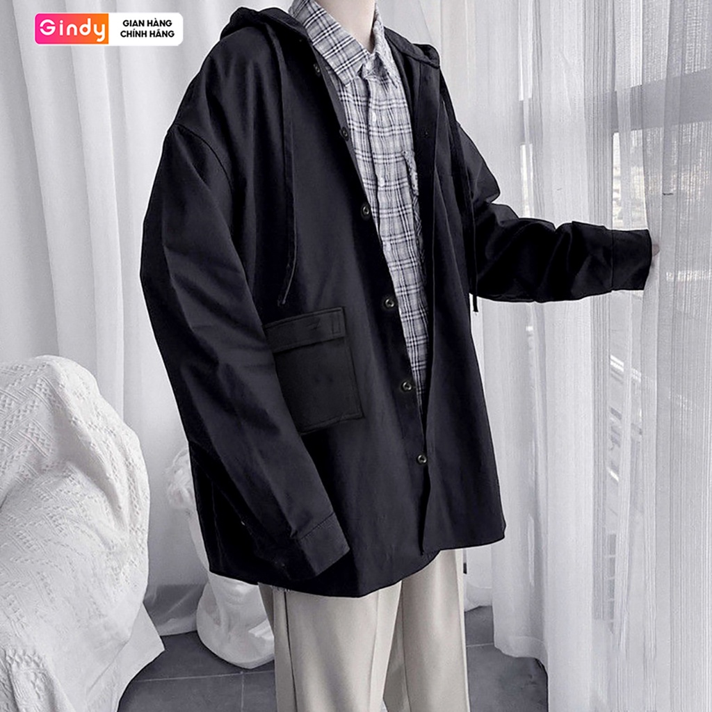 Áo Khoác Unisex Nam Nữ form rộng GINDY vải kaki cao cấp có mũ dây kéo phong cách Ulzzang A063