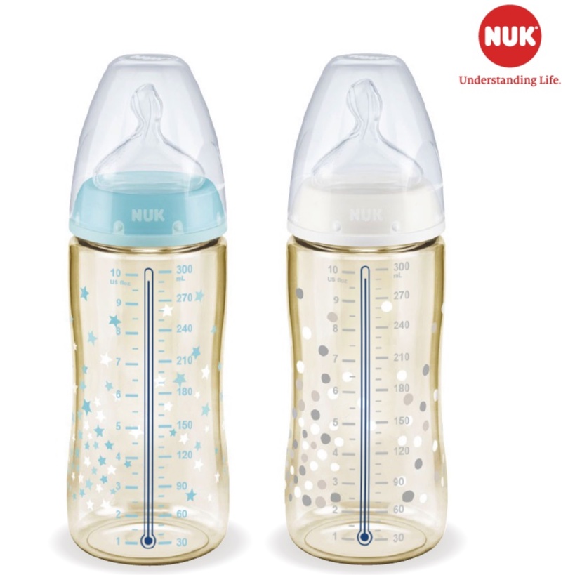 Bình sữa cảm biến nhiệt NUK nhựa PPSU cao cấp chuẩn EU núm ti silicone chỉnh nha 150ml, 300ml