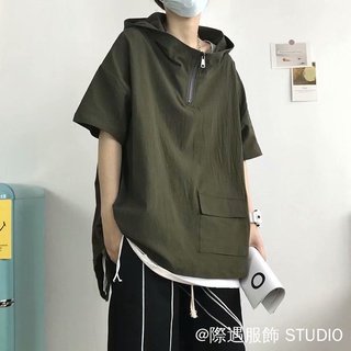 Mùa Hè Nửa Tay Có Mũ Trùm Đầu Nam Dạo Phố Hợp Thời Trang Rời Nửa Tay Có Mũ Trùm Đầu Phong Cách Hồng Kông Phù Hợp Với Học Sinh Nửa @