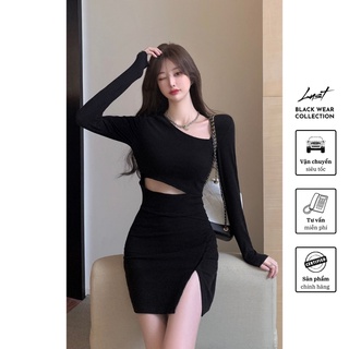 Váy đen tay dài xẻ đùi thời trang nữ LUST chất liệu dày dặn cao cấp thiết kế đẹp - M10