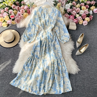 Hoa hàn quốc nữ voan dài tay mùa hè váy maxi có sẵn hàng mới
