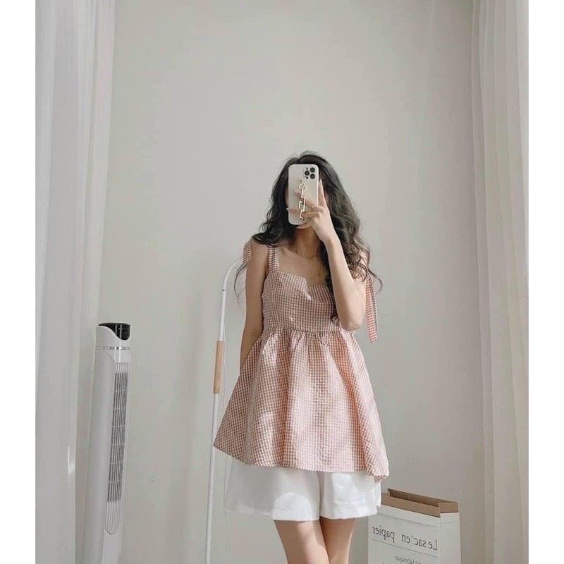 SQ002 Set áo hai dây buộc nơ phối quần sooc trắng Ulzzang, áo BabyDoll BBD Hàn Quốc kẻ caro và quần short siêu cute