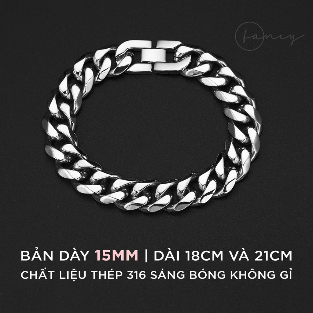 Vòng đeo tay nam cuban mắc xích 15mm thép titan không gỉ, lắc tay nam nữ Fancy bản lớn màu bạc 15mm