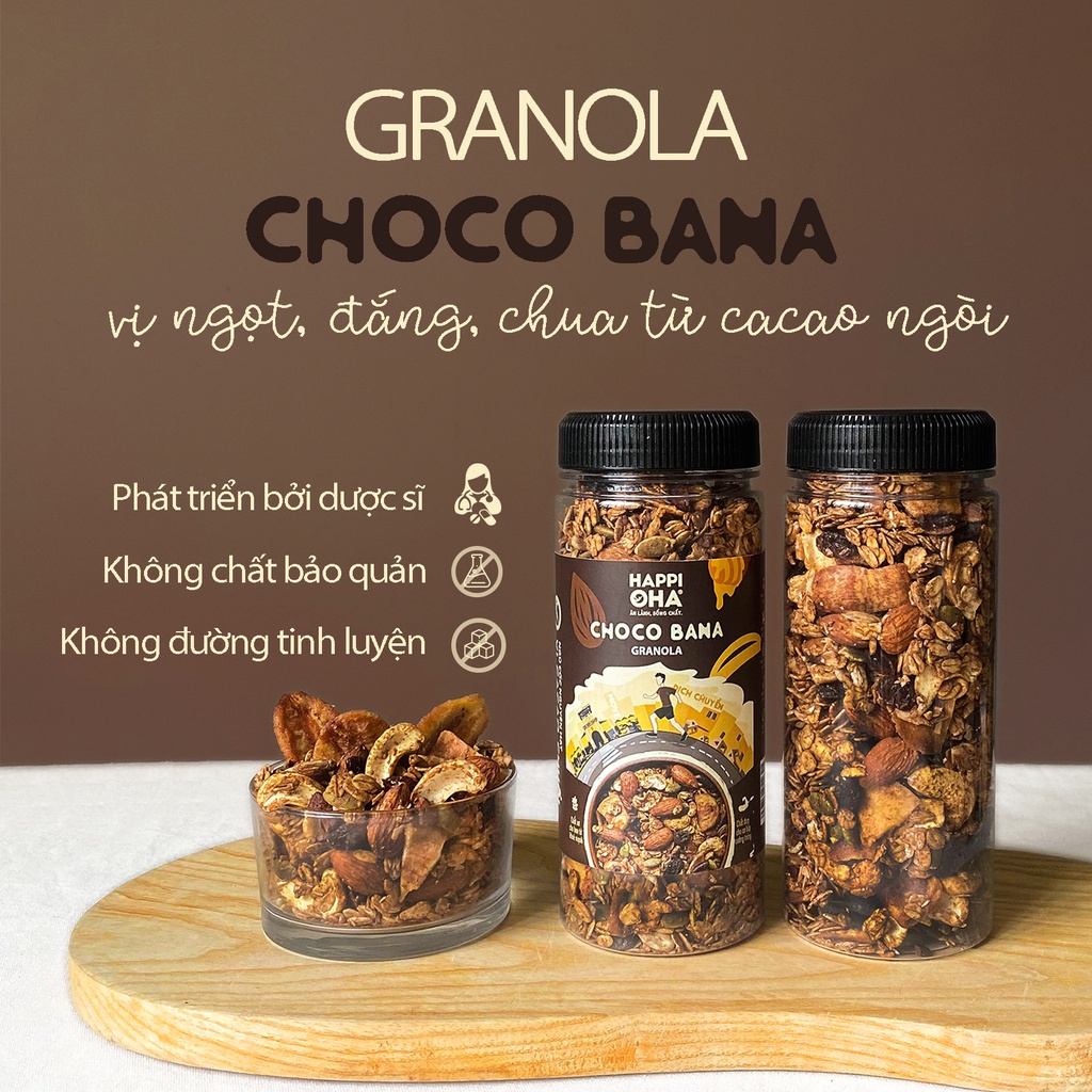 Ngũ Cốc Ăn Sáng/Ăn Kiêng Không Đường Tinh Luyện Vị Cacao Chuối 240g/480g - Granola Choco Bana HAPPI OHA