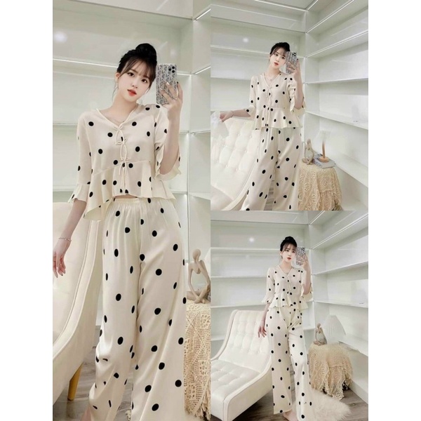 Bộ ngủ pyjama dài tay nữ lụa mềm mịn cao cấp hoạ tiết Bộ mặc nhà sang chảnh thanh lịch