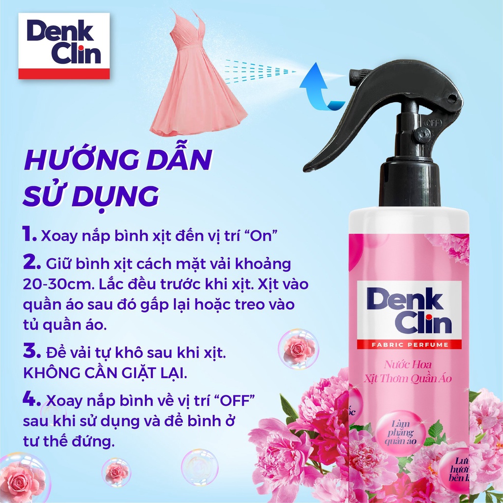 Xịt thơm quần áo xả vải khô Denkclin 200ml lưu hương lâu làm mềm vải không gây kích ứng da