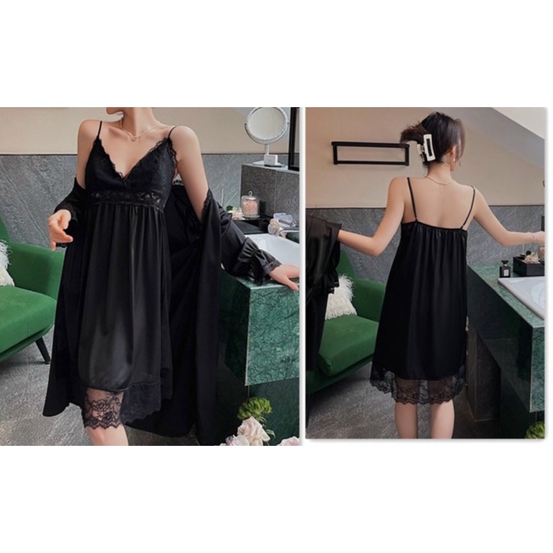 Sét váy ngủ 2 dây kèm áo choàng lụa cao cấp phối ren Đầm mặc nhà sang chảnh quyến rũ