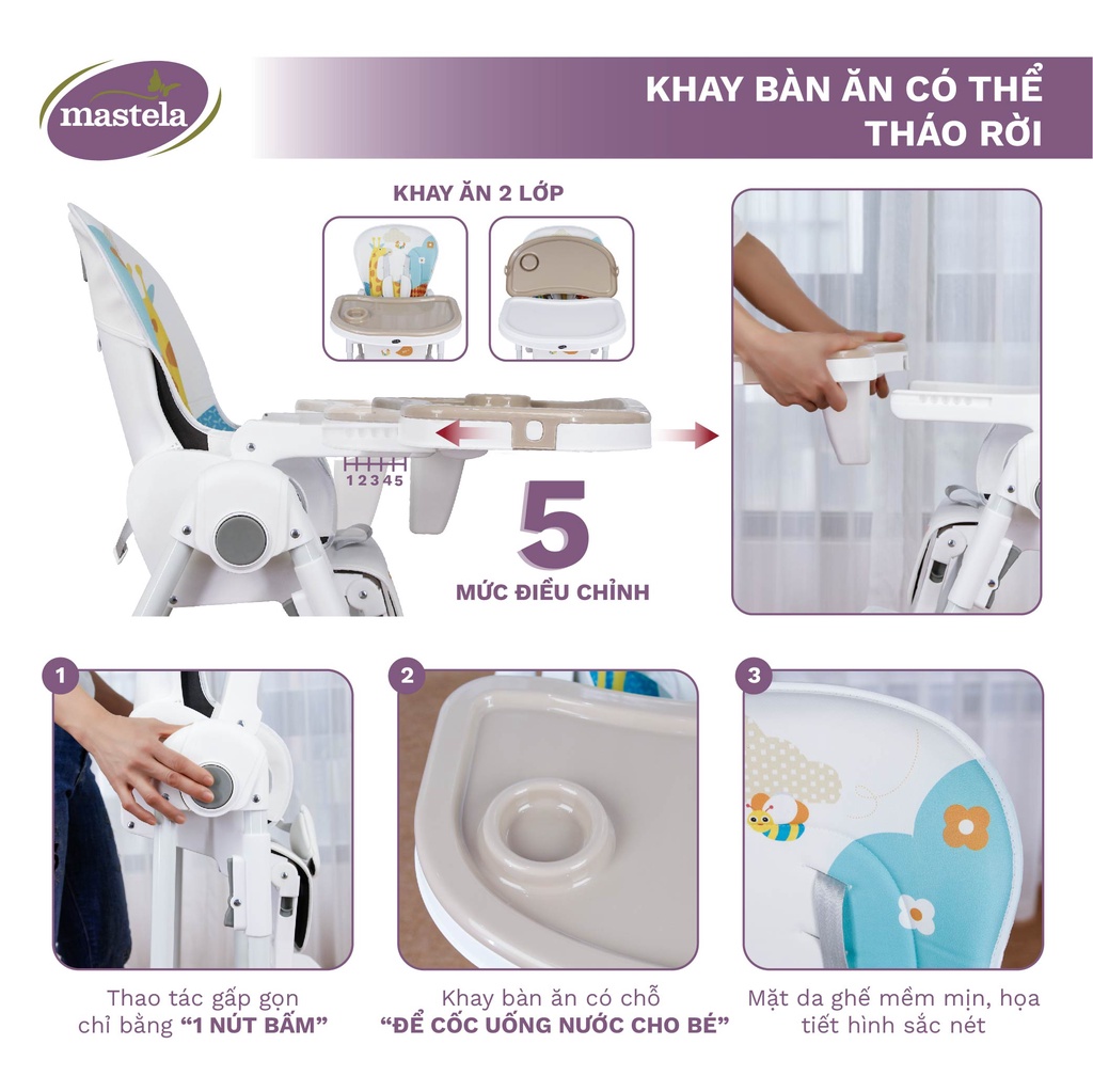 Mô tả Ghế ăn dặm đa năng ,có bánh xe,nâng hạ độ cao điều chỉnh độ ngả nằm cho bé 1015 Mastela - 4