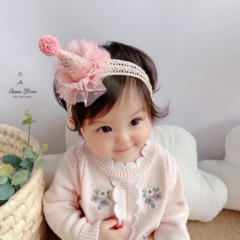 Băng đô kẹp mũ chóp sinh nhật dây ren co giãn cho bé gái