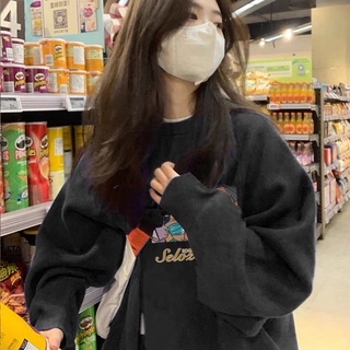 Áo Sweater Cổ Tròn Dáng Rộng In Họa Tiết Màu Đen Thời Trang Mùa Thu Cho Nữ