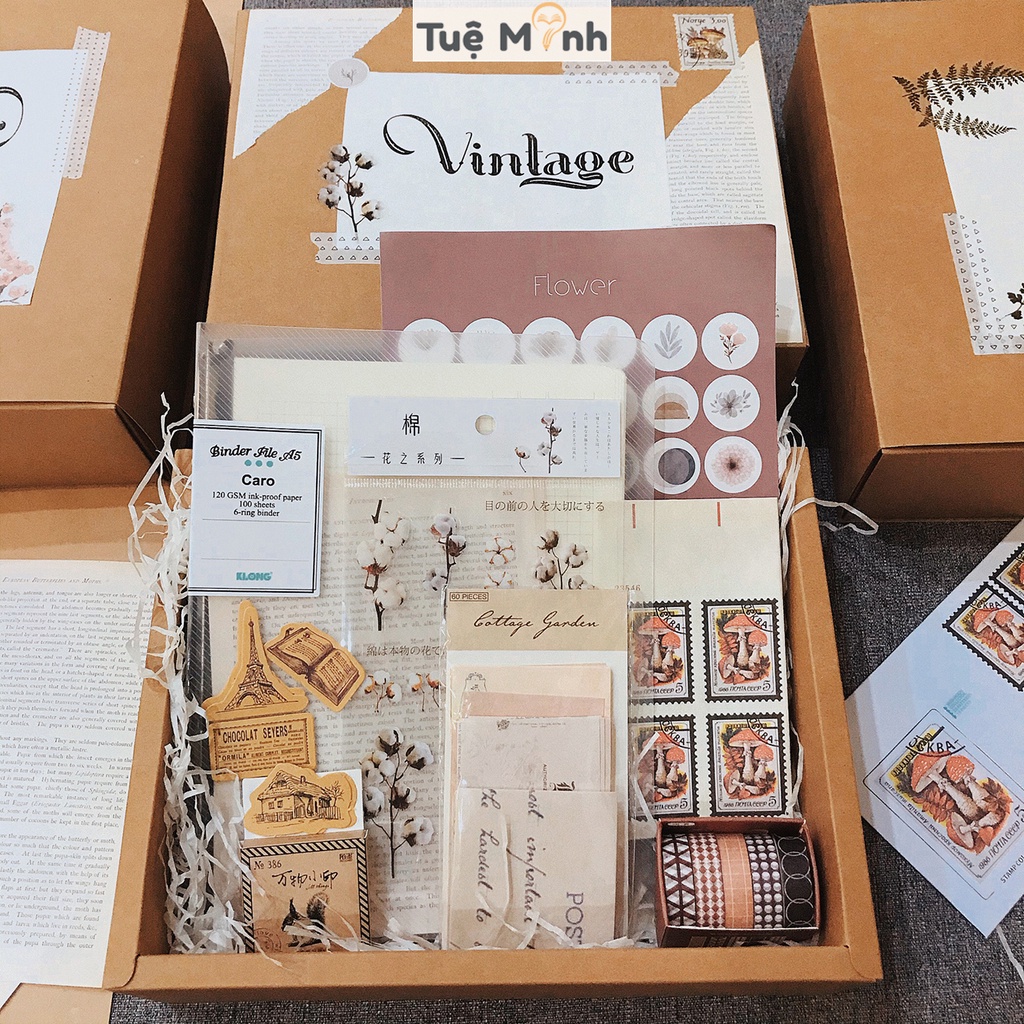 Tôi muốn mua set trang trí sổ Bullet Journal Vintage gồm binder sổ còng Klong, washi tape, sticker và hộp kraft quà tặng.