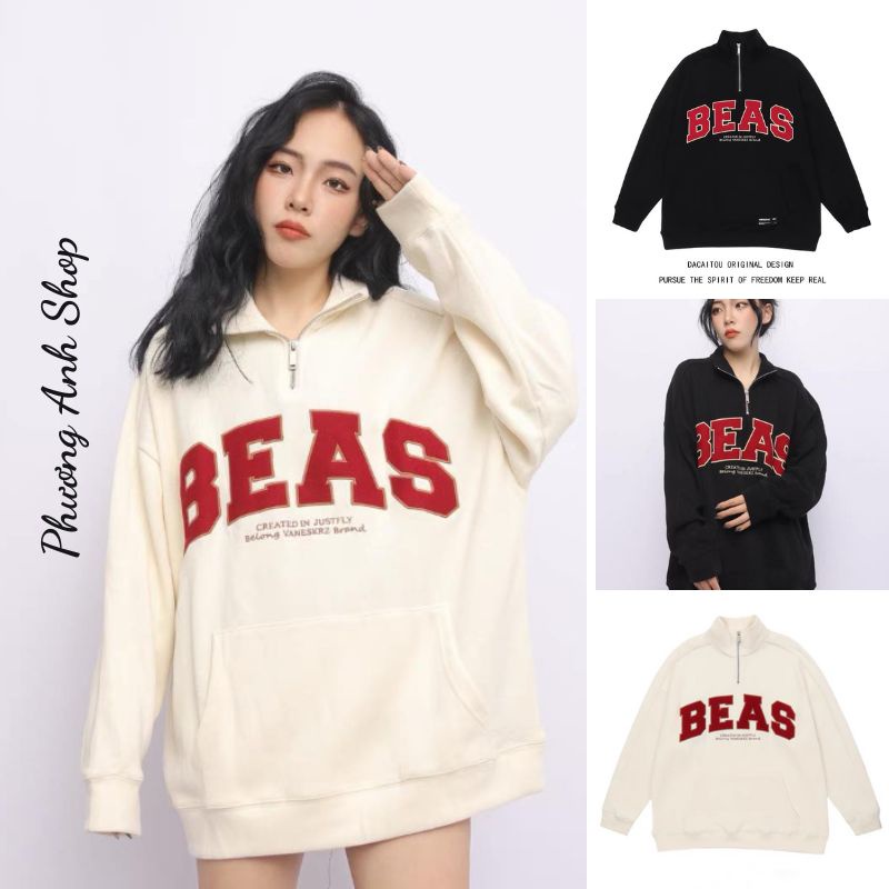 Áo Nỉ Polo Phối Khóa Cổ BEAS nam,Nữ  form rộng tay bồng màu trắng phối chữ đỏ vintage hàn quốc[FREESHIP] .