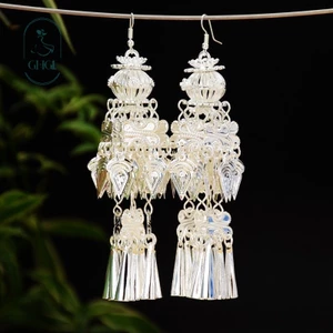 GHGl Đa Dạng Retro Miaodong Hoa Bạc Bông Tai Tua Rua Lụa Phong Cách Dài Sang Trọng Phù Hợp Với Mọi Trận Đấu Có Thể Thay Đổi Mà Không Cần Xuyên Tai Kẹp