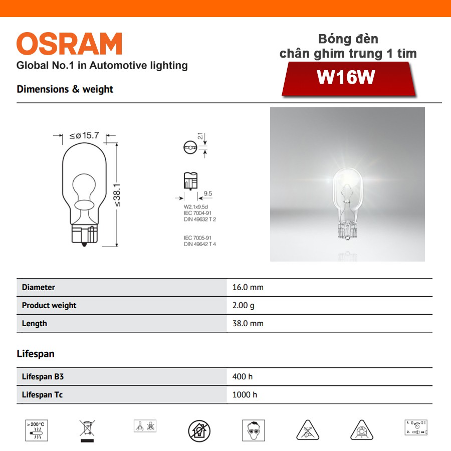 Combo 2 Bóng Đèn Chân Ghim Trung 1 Tim Halogen OSRAM Original Dùng Cho Xe Ô Tô Xe Hơi Chân T15 W16W 12V 16W - 310LM