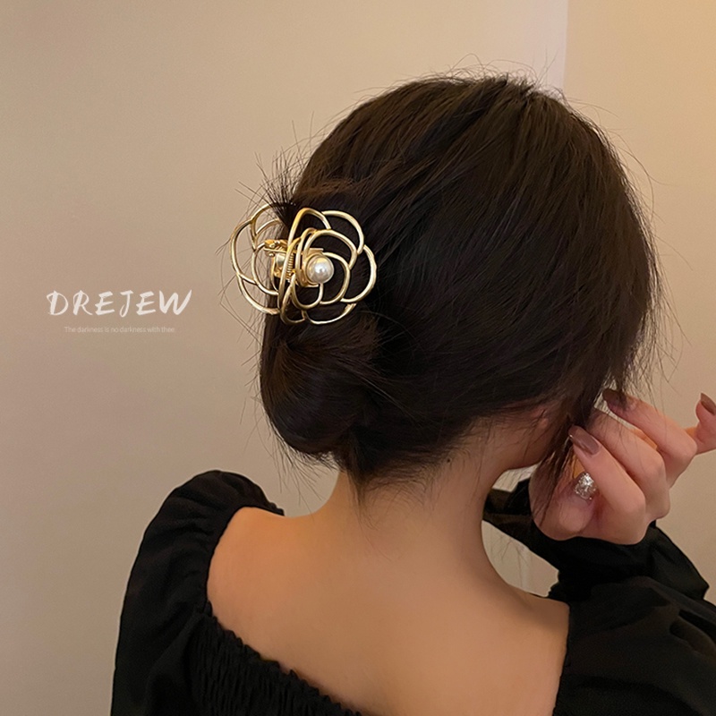 DREJEW Kẹp tóc hình hoa trà bằng kim loại đính ngọc trai kiểu Hàn Quốc thanh lịch cổ điển cho nữ
