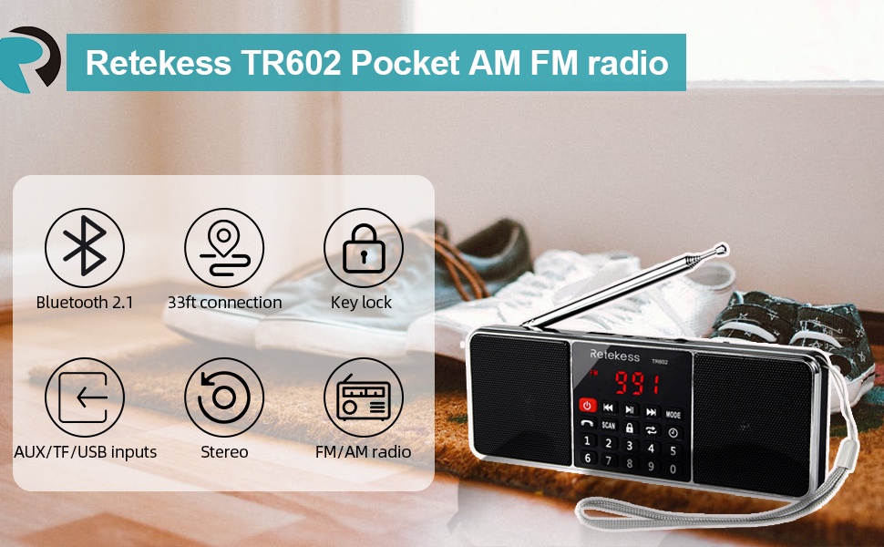 Mô tả Retekess TR602 Đài phát thanh Bluetooth âm thanh nổi AM FM di động với loa máy nghe nhạc MP3 không dây Hỗ trợ đầu vào Thẻ TF Đĩa USB có màn hình LED Hẹn giờ ngủ (Đen) - 2