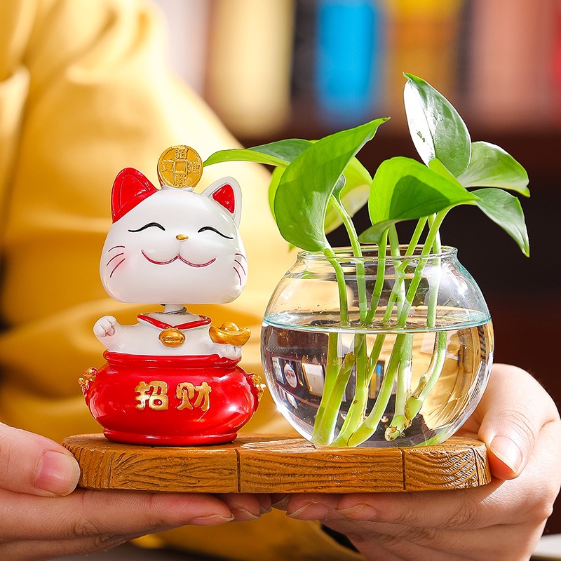 Bộ decor Mèo thần tài may mắn kết hợp cùng bình thủy sinh trang trí nhà, bàn làm việc góc học tập giúp mang lại may mắn