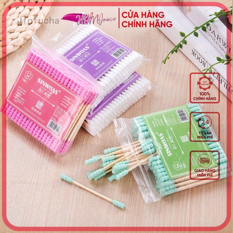 (Rẻ Vô Địch) Bịch, Túi 100 Tăm Bông Ngoáy Tai, Lấy Ráy Tai Cán Gỗ