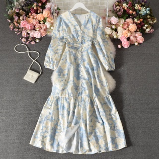 Hoa hàn quốc nữ voan dài tay mùa hè váy maxi có sẵn hàng mới