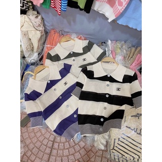 Áo len lưới cổ bẻ phối kẻ ngang 3 màu, Hàng Quảng Châu loại 1 mã 265