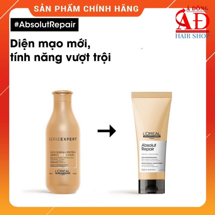 Dầu xả tóc phục hồi tóc hư tổn L'oreal Gold Quinoa + Protein Absolut Repair diêm mạch vàng 200ml
