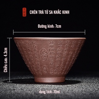 Chén trà nón, tử sa cao cấp, thủ công, bề mặt có khắc Bát Nhã Tâm Kinh, kích thước 7x4.3cm, dung tích 55ml