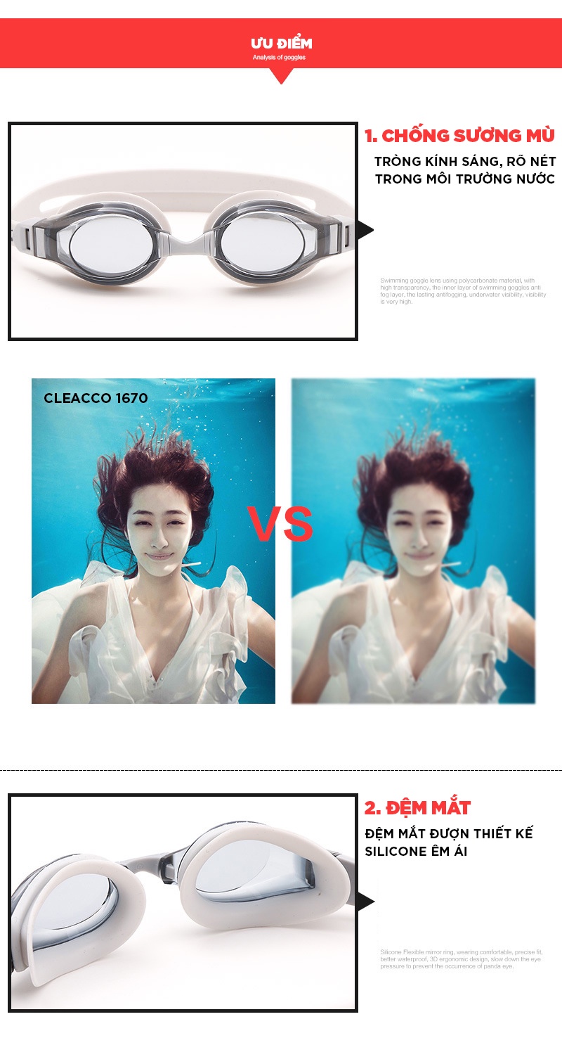 Mô tả Kính Bơi Cận Từ 2 Đến 7 Độ Kính Bơi Người Cận Dây Đeo Êm Ái Chống UV Chông Sương Thời Trang Cleacco SG1670 Boro Sport - 5