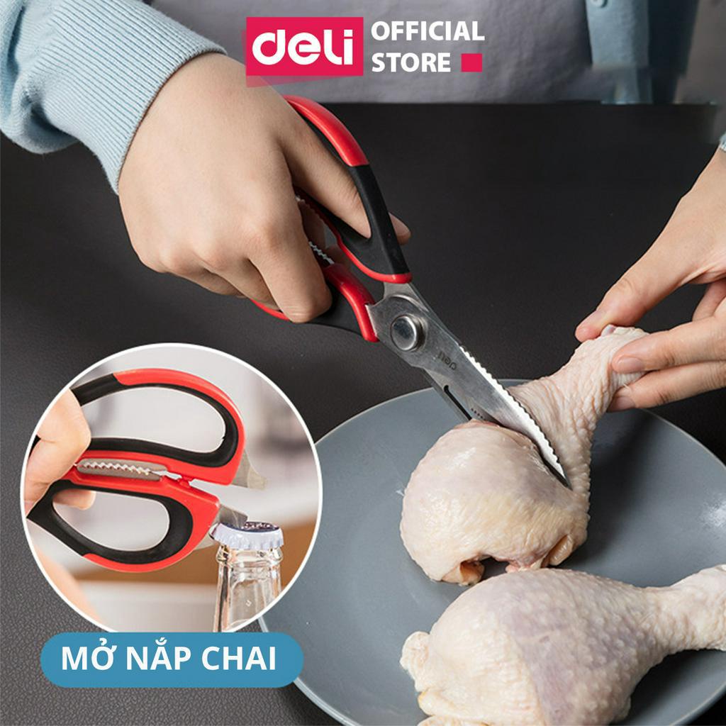 Kéo bếp lưỡi thép không gỉ tháo dời Deli Kéo cắt gà thịt, xương cạo vảy cá, mở nắp chai, kéo đa năng cao cấp - 77770