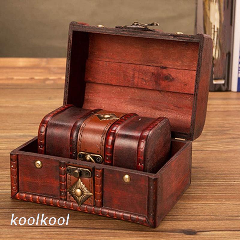 Hộp gỗ đựng trang sức hình rương kho báu có khóa kim loại