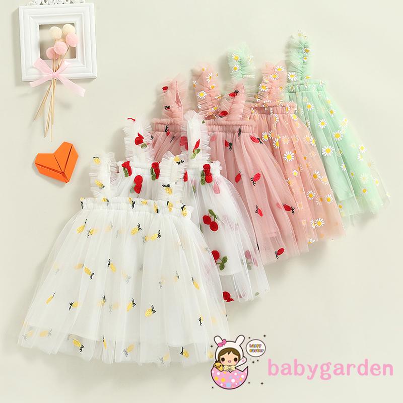 Babygarden-đầm Xòe Công Chúa Hai Dây Không Tay Thêu Hình Hoa Cúc / Trái Cây Mùa Hè Đơn Giản Cho Bé Gái