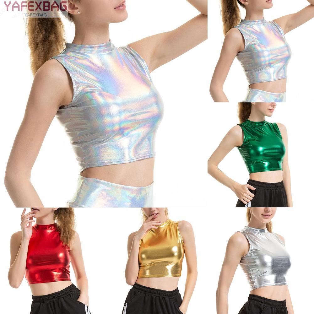 Women Faux Leather Shiny Wetlook Mock Neck Crop Top Vest Tank Top Dance Clubwear Shopee Việt Nam 