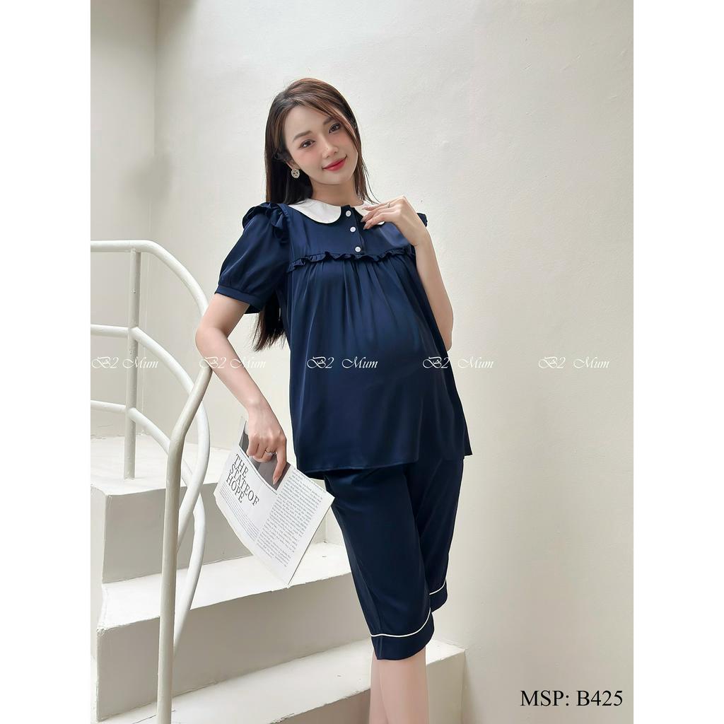Bộ bầu thiết kế cổ sen, chất lụa thoải mái, mix cổ trắng, có khóa ti tiện lợi cho mẹ bầu và sau sinh - B425 B2MUM