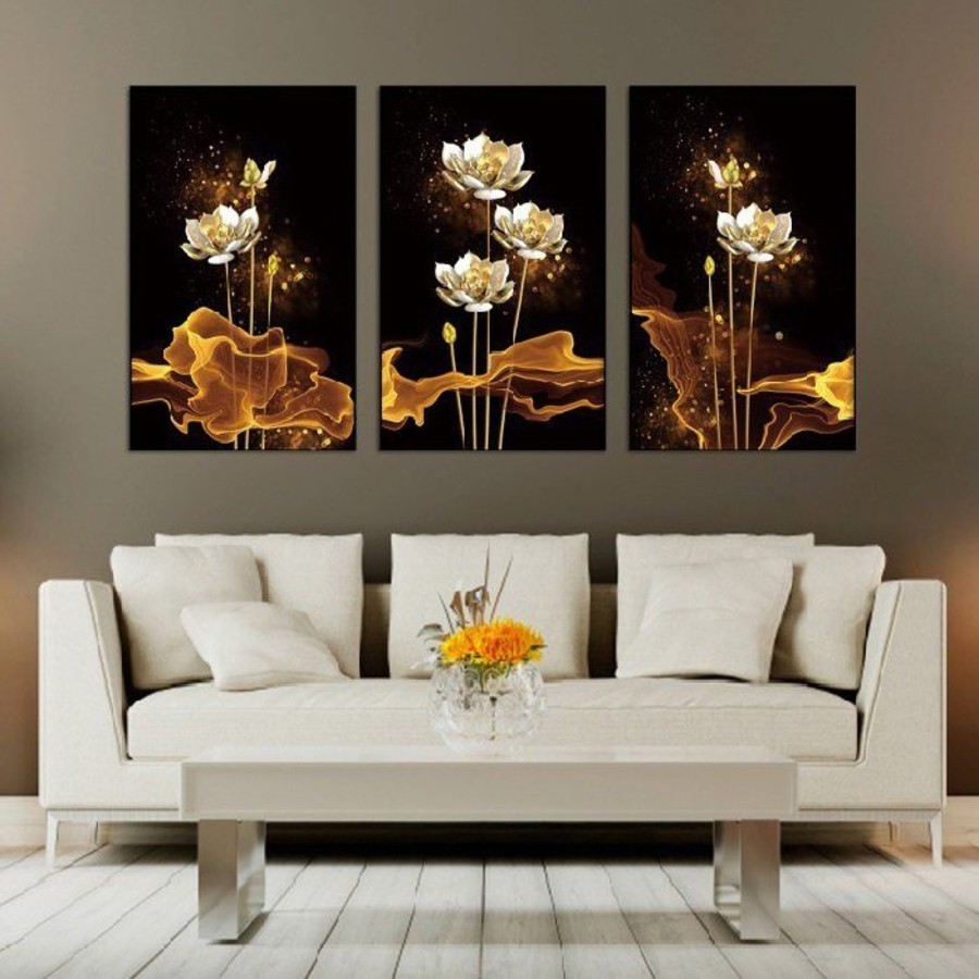 Bộ 3 tấm tranh treo tường canvas Lala Hoa Bạch Liên Tỏa Sáng trang trí phòng khách siêu đẹp kèm đinh 3 chân đa năng