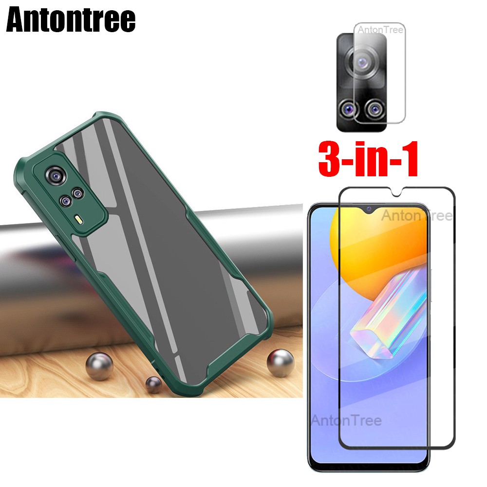 3in1 VIVO V21e V21 5G Y31 2021 Y12S Y20 Acrylic Túi Khí Trong Suốt Đệm Vỏ Điện Thoại + Phim Kính Cường Lực + Ống Kính Máy Ảnh Protecotr
