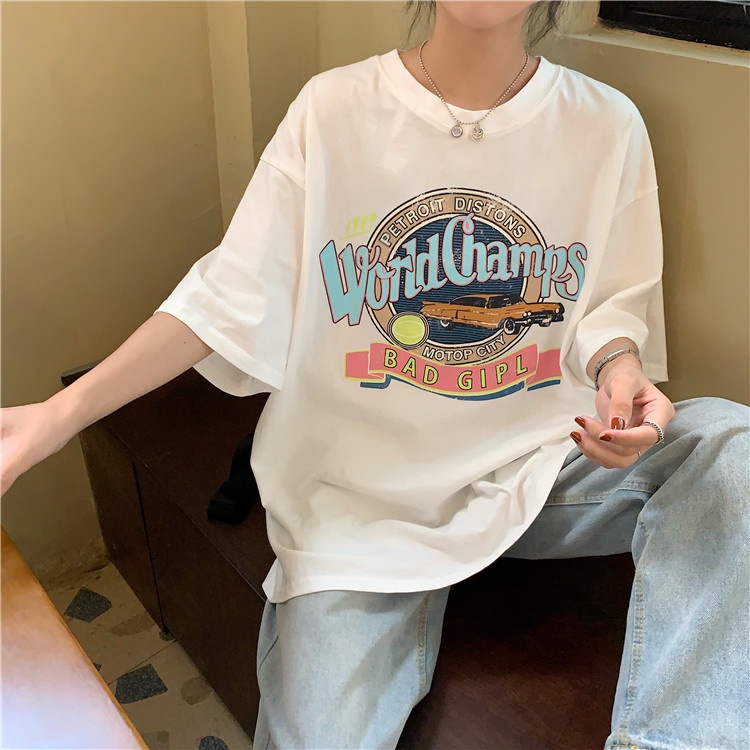 Áo Thun Nữ HappyFamily Nữ Tay Lỡ Form Rộng Tes Sắc Trắng WorldChamps Chất vải cotton 100 cao cấp