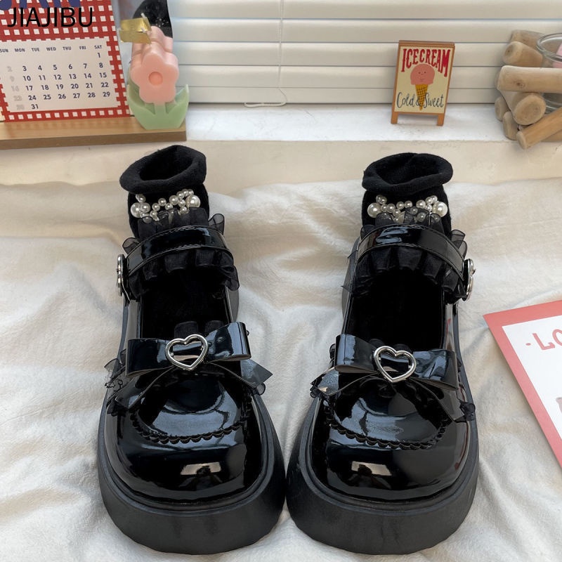 Black Love Doll Shoes Giày Công Chúa Phong Cách Gothic Dễ Thương Giày Nữ Giày Lolita Nhật Bản Giày Mary Jane Thời Trang Hàn Quốc Giày Búp Bê Phối Ren Xinh Xắn Giày Muffin Phong Cách Anh Giày đồng Phục JK Nhật Bản Giày Cosplay Giày Nhảy Y2K Giày Dopamin