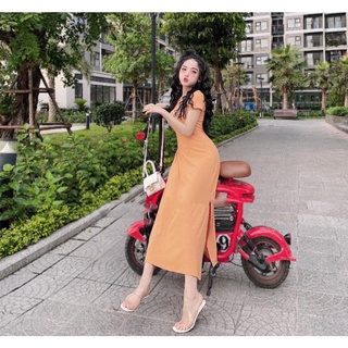 Đầm body nữ trơn thiết kế cổ tròn dáng xòe dài xẻ bên sang chảnh, Váy ôm nữ ngắn tay dự tiệc rẻ đẹp trẻ trung