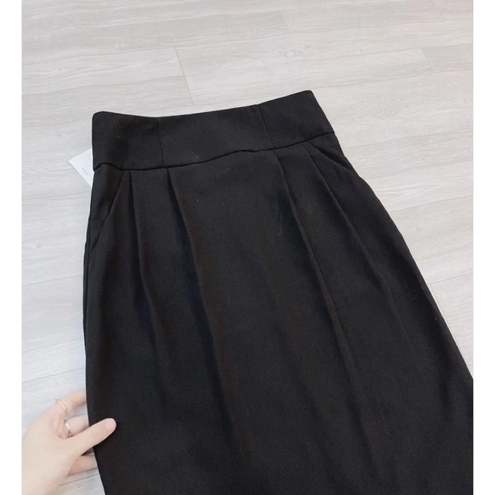 Chân váy midi dáng bút chì công sở, chân váy xẻ sau dúm sườn 2 túi cạp to Okélla