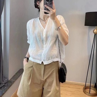 Vải lanh Cotton nữ tay ngắn cổ chữ V dáng rộng